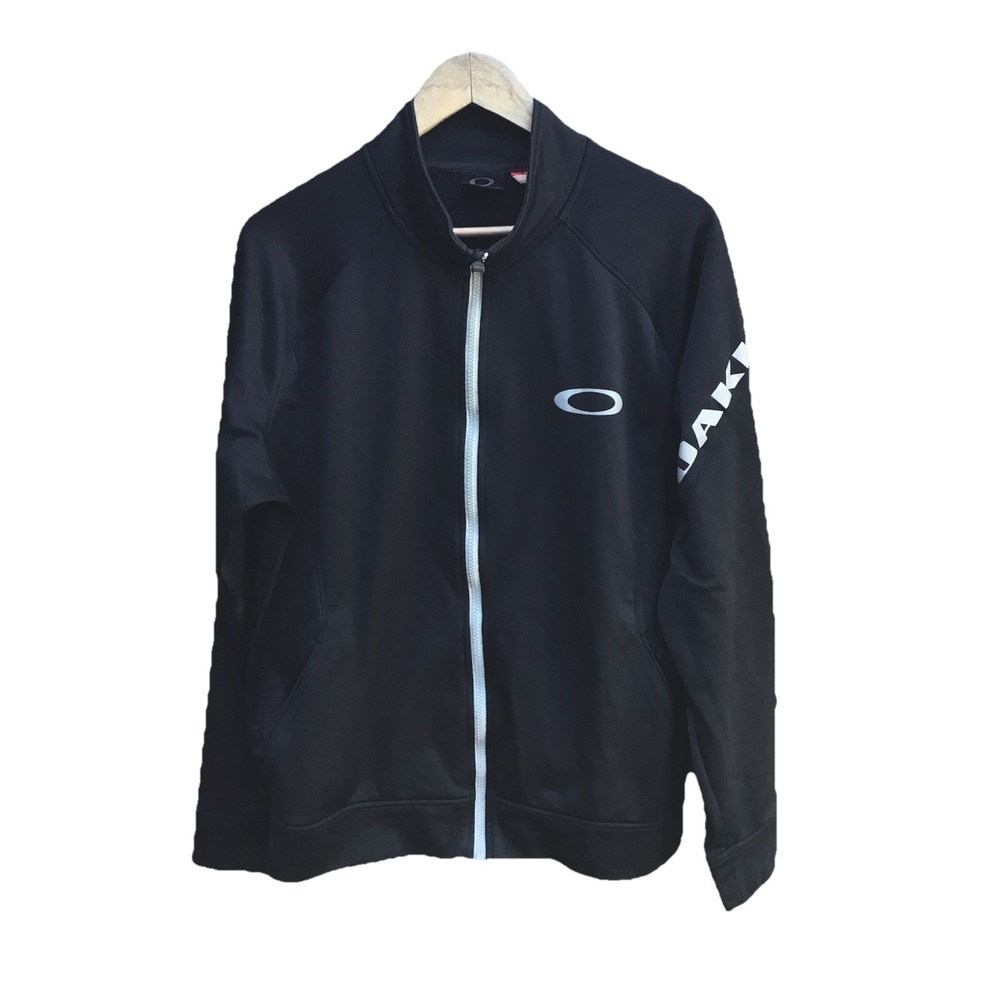 Oakley Full Zip Track Jacket Black Gray Spellout Logo Men's Large Y2K